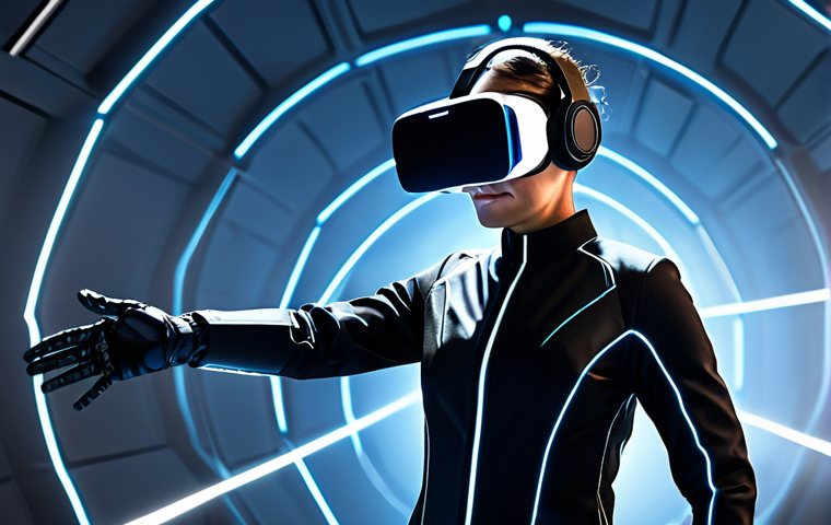 A professional individual, fully clothed in a sleek, modest tech suit, wearing advanced haptic gloves and a virtual reality headset. They are reaching out to interact with an unseen virtual object, with a focused expression, deeply immersed in a futuristic, clean virtual reality simulation. The background features subtle glowing lines and abstract shapes, suggesting a vast digital environment. perfect anatomy, correct proportions, natural pose, well-formed hands, proper finger count, natural body proportions, professional photography, high detail, studio lighting, professional dress, appropriate attire, safe for work, appropriate content, family-friendly.
